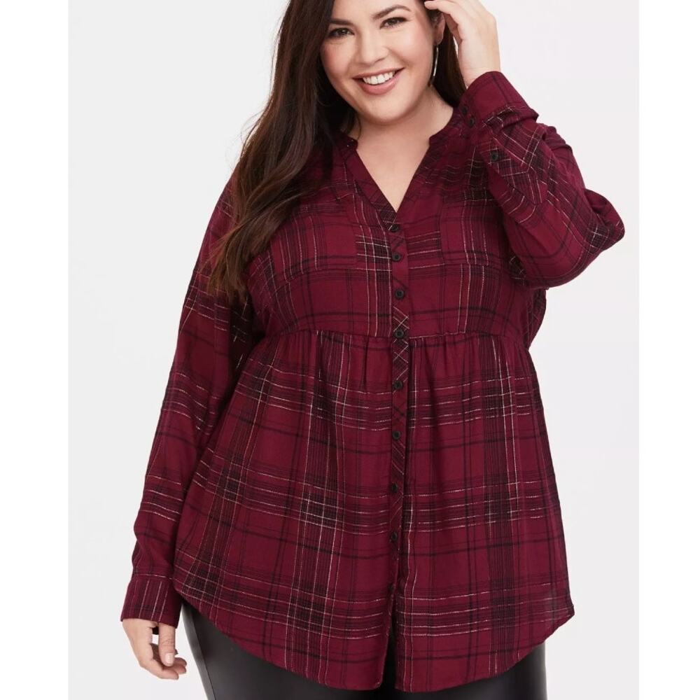 Torrid Emma Plaid Lurex Babydoll Tunic Womens Size 2X Berry Red Relaxed Shirt